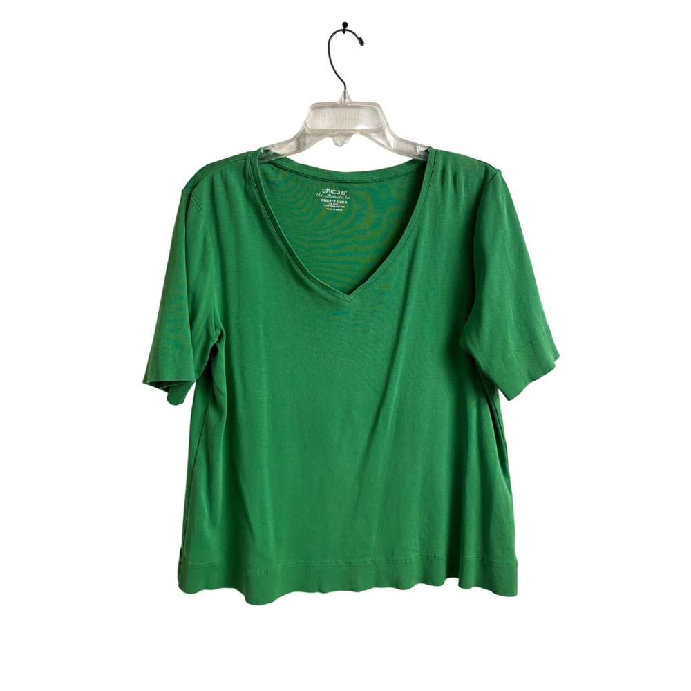 Chico's The Ultimate Tee Green V-Neck Pima Cotton Short Sleeve Shirt Size 2 L
